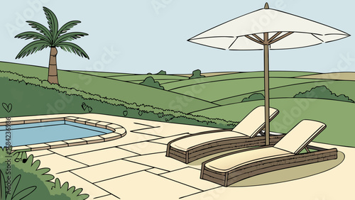 Relaxing Poolside Scene with Rolling Hills and Palm Tree.