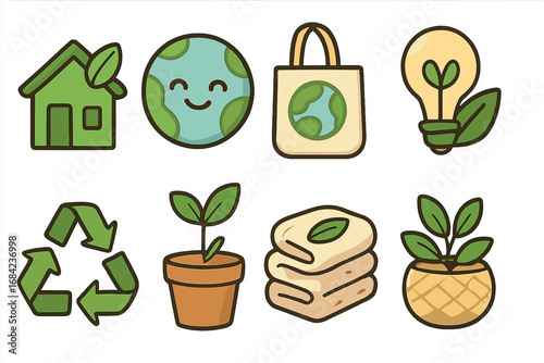 Eco friendly icons set for sustainable living and green lifestyle. Vector cartoon illustration of ecology concepts. Recycle, green energy, earth day, zero waste, conservation.