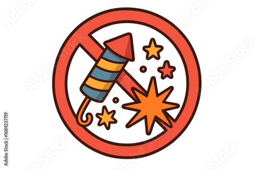 Prohibited Fireworks Symbol Vector, No Fireworks Sign, Cartoon Firecracker and Explosion with Red Ban Circle, Safety Warning Icon for Advertisements and Interfaces