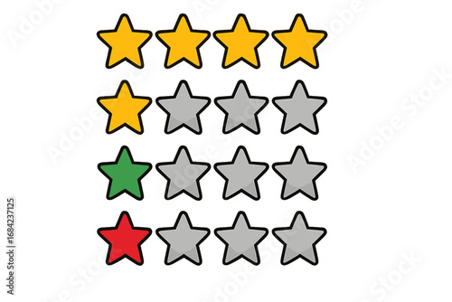 Set of colorful star rating icons for customer satisfaction review. Vector symbols for feedback, evaluation, and quality ranking. Five star, one star, good and bad experience.