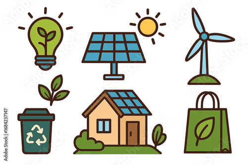 Eco friendly and sustainability icon set. Green energy concept with solar panel, wind turbine, and recycling symbols. Vector cartoon illustration for modern living and ecology.