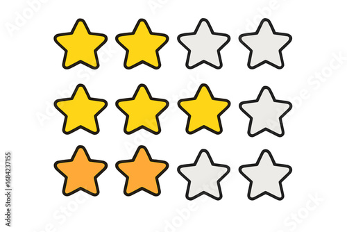 Vector star rating system for customer satisfaction feedback. Set of quality review icons for ranking products or services. User experience (UX) and interface (UI) elements.