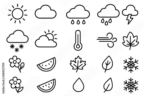 Weather and seasons outline icon set. Climate symbols for nature forecast. Vector line art. Sun, rain, cloud, snow, wind, storm. Spring, summer, autumn, winter elements.