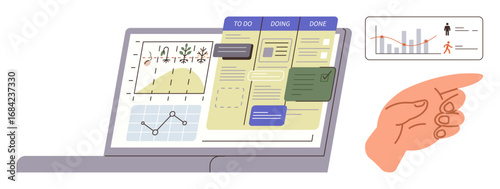 Laptop displaying charts, graphs, and a kanban-style task board. Hand pointing to a data trend graph overlay. Ideal for project management, productivity, organization, collaboration, data analysis