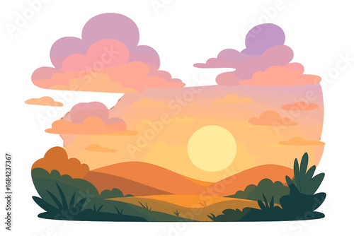 Vector cartoon landscape at sunset. Colorful pastel clouds in the sky with a glowing sun over serene hills. Peaceful nature background. Evening scenery concept. Modern flat.