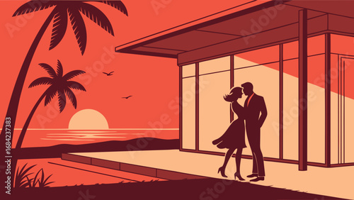 Romantic Couple Silhouette at Sunset by Modern House with Palm Trees.