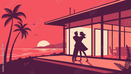 Romantic Couple Silhouette at Sunset by the Ocean Modern House Design Tropical Vacation Love Romance Beach Holiday Summer Evening Couple Silhouette Minimalist Vector Illustration.