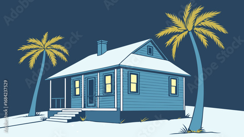 Snow Covered House with Palm Trees at Night Winter Holiday Home Cozy Cottage Illustration.