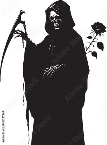 Grim Reaper Silhouette with Rose and Scythe Symbol of Death and Mortality