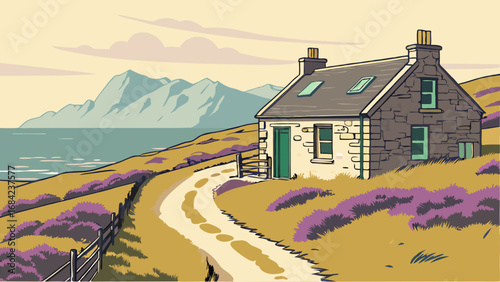 Stone Cottage by the Sea Coastal Landscape Illustration Idyllic Rural Scene Vacation Home Travel Poster.