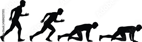 Silhouette illustration showing male athlete transitioning from walking to crawling position, representing exercise stages, motion sequence, and body movement.