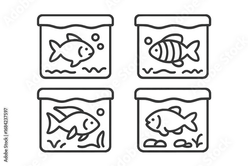 Minimalistic Line Icons of Fish in Aquarium Tanks, Vector Cartoon Illustrations for Web, Graphic Design, Apps, Banners, Social Media, and Cards, Set of 4