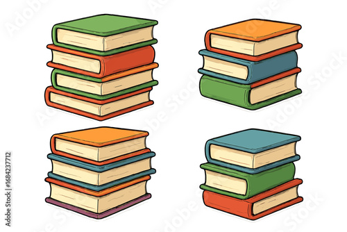 Book stacks set vector illustration. Colorful cartoon piles of books for library, education, and school. Knowledge, learning, and literature concept for creative design element.