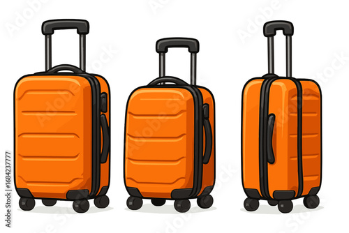 Set of modern orange plastic suitcases for travel. Different views of a travel bag. Luggage for vacation, journey, or adventure. Concept of tourism and baggage. Vector icon.