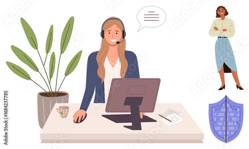 Woman in headset working at computer, speaking with speech bubble, plant, shield symbolizing cybersecurity, and standing professional. Ideal for technology, communication, customer service