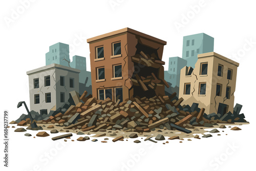 Destroyed city buildings in ruins after an earthquake or war. Urban landscape in rubble and debris. Natural disaster, cataclysm, or conflict aftermath. Vector cartoon illustration.