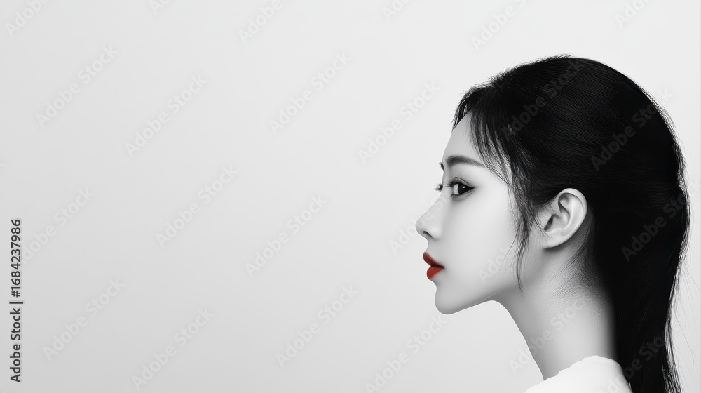 Naklejka premium a beautiful chinese woman With a ponytail is peeking from the edge of a white background, only her half face is visible, in a simple, minimalistic style with high contrast between black and white, 