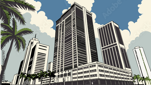 Stylized illustration of skyscrapers and palm trees under a cloudy sky.