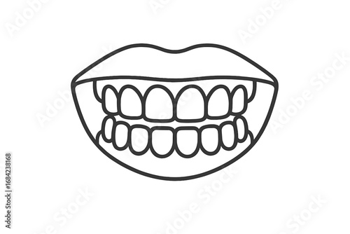 Smiling human lips with full set of upper and lower teeth, dental health concept, teeth illustration, oral hygiene, dentistry, black line art on transparent background