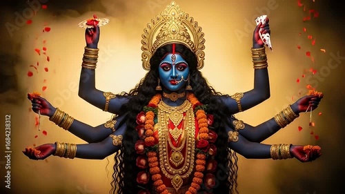 Ornate Hindu Goddess Portrait with Dark Skin Tones and Gold Jewelry in Dramatic Lighting with Red Floral Accents and Multiple Arms