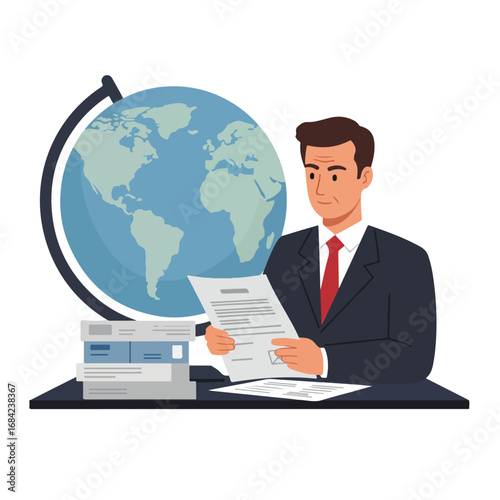 Businessman reads papers next to a globe and stacks of documents