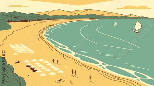 Summer beach scene ocean view sandy shore stylized illustration vacation travel poster holiday background coastal landscape people relaxing sailboat on water sun umbrellas turquoise sea golden sand i.