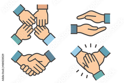 Hand gestures icons for teamwork, collaboration, support, and unity. Vector set with handshake for partnership and agreement. Metaphor for community, help, and social connection.