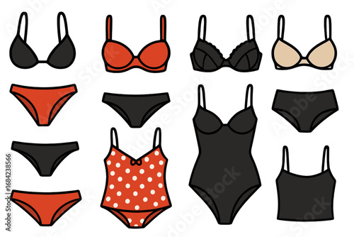 Lingerie and swimwear vector collection. Simple cartoon illustration set of female undergarments. Bra, panties, bikini, bodysuit, tankini icons. Flat design fashion elements.