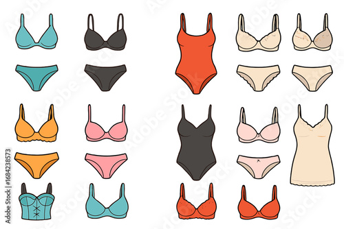Lingerie and swimwear vector collection. Cartoon illustration set of various bras, panties, swimsuits, and undergarments. Female fashion apparel design elements. Isolated flat icons.