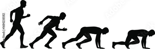 Silhouette of male athlete transitioning from walking to sprint start position, showing stages of dynamic running motion and athletic movement.
