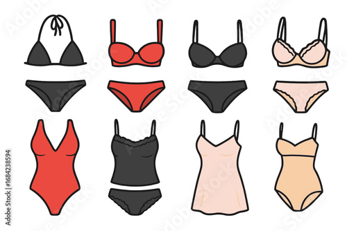 Lingerie and swimwear vector illustration set. Collection of simple, flat design female underwear icons. Woman's bra, panties, bikini, swimsuit, and bodysuit fashion apparel.