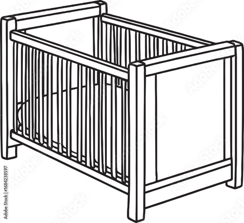 Illustration of a Baby Crib with Wooden Bars and Frame Ideal for Nursery Design Projects and Parenting Content