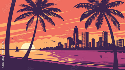 Sunset Cityscape with Palm Trees and Ocean View at Dusk.