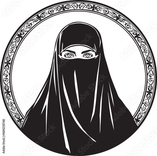 Illustration of a Woman Wearing Niqab in Decorative Circle Frame Traditional Islamic Clothing and Cultural Representation Black and White Image