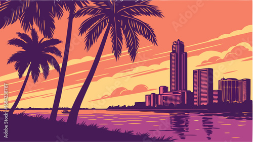 Sunset Cityscape with Palm Trees and Waterfront.