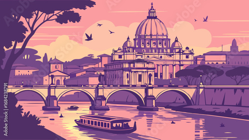 Sunset Cityscape with River Bridge and Dome Building.