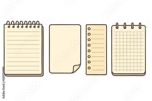 Set of blank notepads and paper sheets vector collection. Includes lined, grid, and checklist paper for notes, memos, or a to-do list. School and office supply icons.