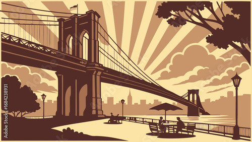 Suspension Bridge Cityscape Retro Style Illustration Urban Landscape People Relaxing.