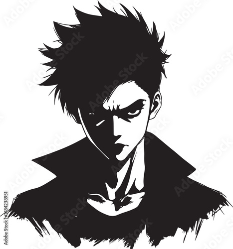 Intense Anime Style Character Portrait with Shadow and Dramatic Lighting Depicting a Young Mans Serious Expression