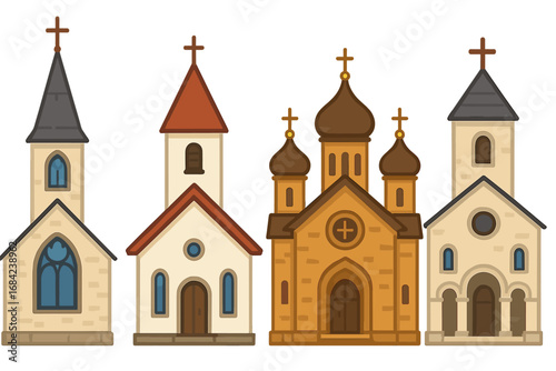 Vector set of traditional church buildings. Flat cartoon illustration of christian chapels, cathedrals. Religious architecture icon collection, catholic and orthodox styles.