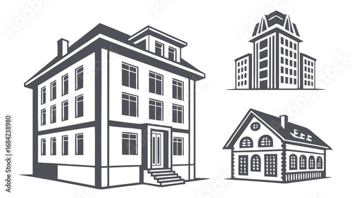 Three stylized building illustrations house apartment building and cottage design elements.