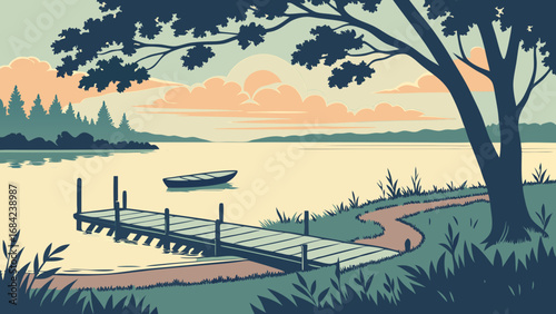 Tranquil lake scene with wooden dock boat and sunset illustration perfect for travel nature or relaxation themes.