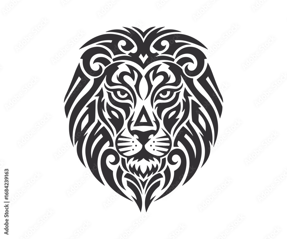 Naklejka premium Symmetrical Lion Face Tattoo Design, Bold Black Art