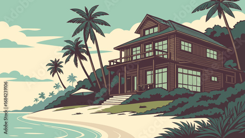Tropical Beach House Illustration Vacation Home by the Ocean Summer Seaside Scene Palm Trees and Sandy Shore Coastal Landscape Idyllic Beachfront Property.