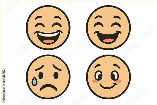 Vector cartoon emoji set. Round faces with emotional expressions: happy, sad, crying, laughing. Cute character icons. Funny emoticons collection for social media and design.