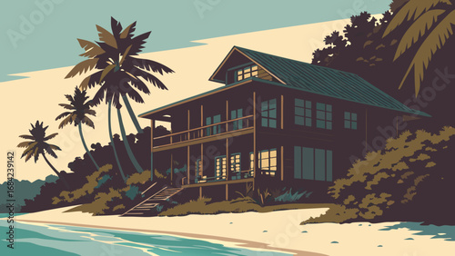 Tropical Beach House Illustration Vacation Home Coastal Design Seaside Property Summer Getaway Palm Trees Ocean View Two Story House Idyllic Scene Coastal Living Tropical Landscape Vacation Rental Tr.