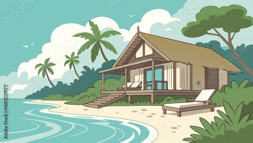 Tropical Beach House Illustration Vacation Home Seaside Bungalow Summer Holiday Idyllic Island Getaway Cartoon Style Coastal Retreat Palm Trees Ocean View Relaxing Beach Scene Travel Poster Design Su.