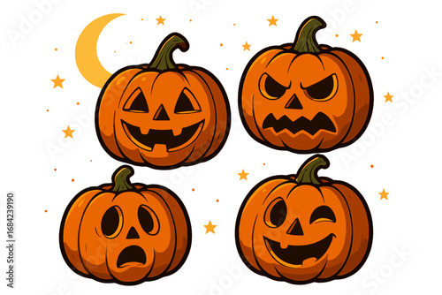 Halloween pumpkins jack o lantern set with different facial expressions. Spooky, angry, smiling, winking faces. Cute cartoon vector characters for autumn holiday celebration.