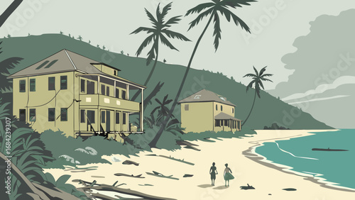 Tropical beach scene with two figures walking on the sand near old houses and palm trees.