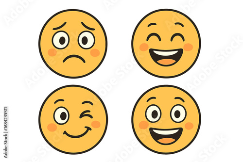 Set of cute cartoon emoticons showing diverse emotional expressions. Vector smiley faces for sad, happy, winking, and joyful moods. Character icons for web, social media, chat.
